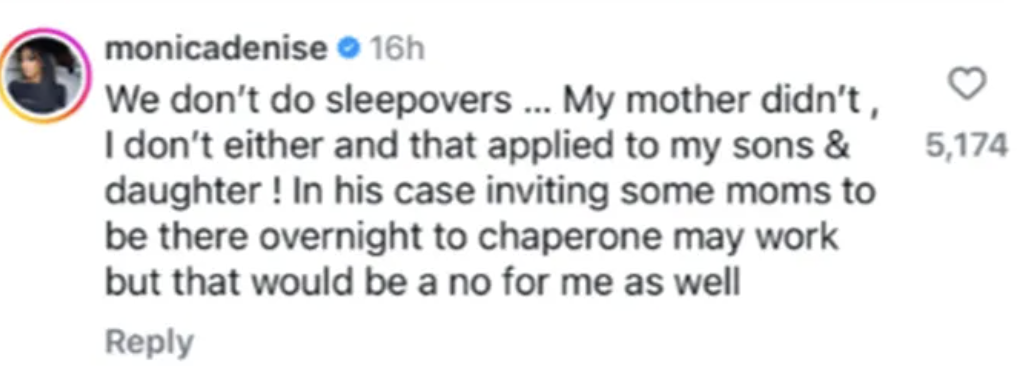 Monica sleepovers parenting stance on stage