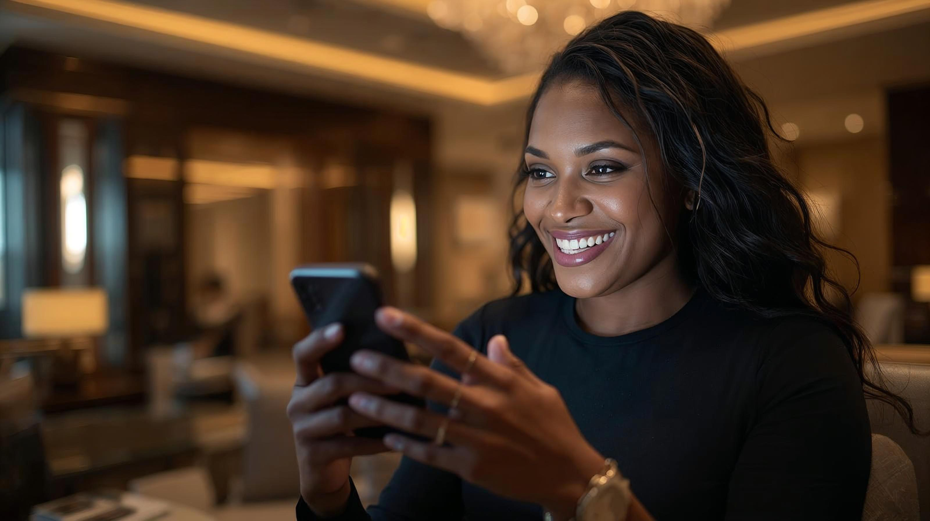 Content Creator Editing on iPhone in Luxury Lobby