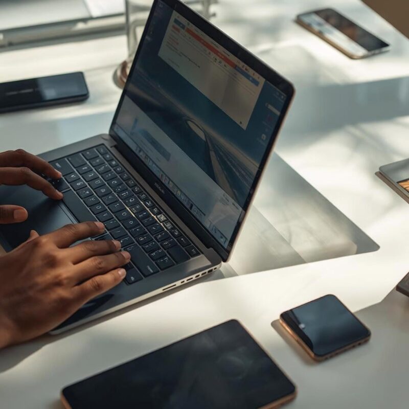 Black and brown hands in a minimal editorial setting representing digital infrastructure, control, and network power
