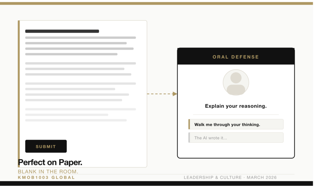 A minimalist dark editorial image showing a flawless document beside an empty silhouette — representing the gap between AI-generated output and human thinking — KMOB1003 Global Media Image Caption The document was never the point. The thinking behind it was. — KMOB1003 Global Media