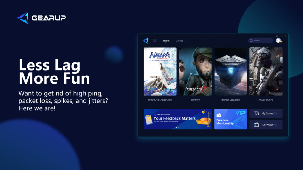GearUP Game Booster user interface for latency reduction