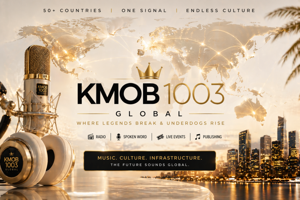 Luxury global media visual featuring a champagne gold world map, studio microphone, and headphones, representing KMOB1003’s international music, spoken word, and live event signal.