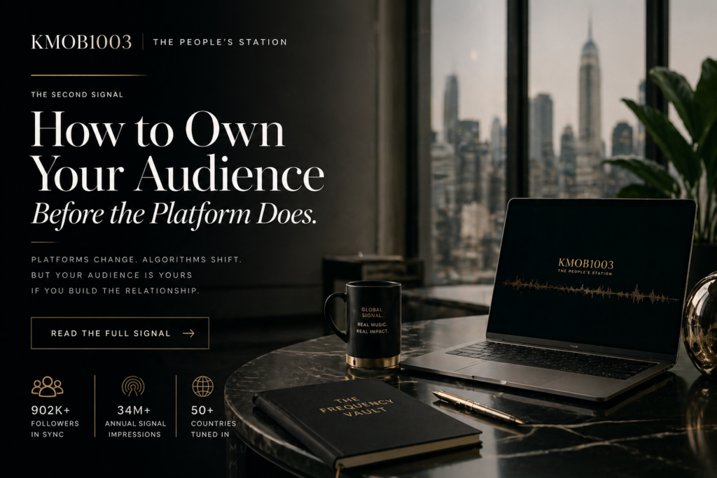 Luxury editorial workspace with laptop, notebook, and city skyline representing audience ownership and digital independence