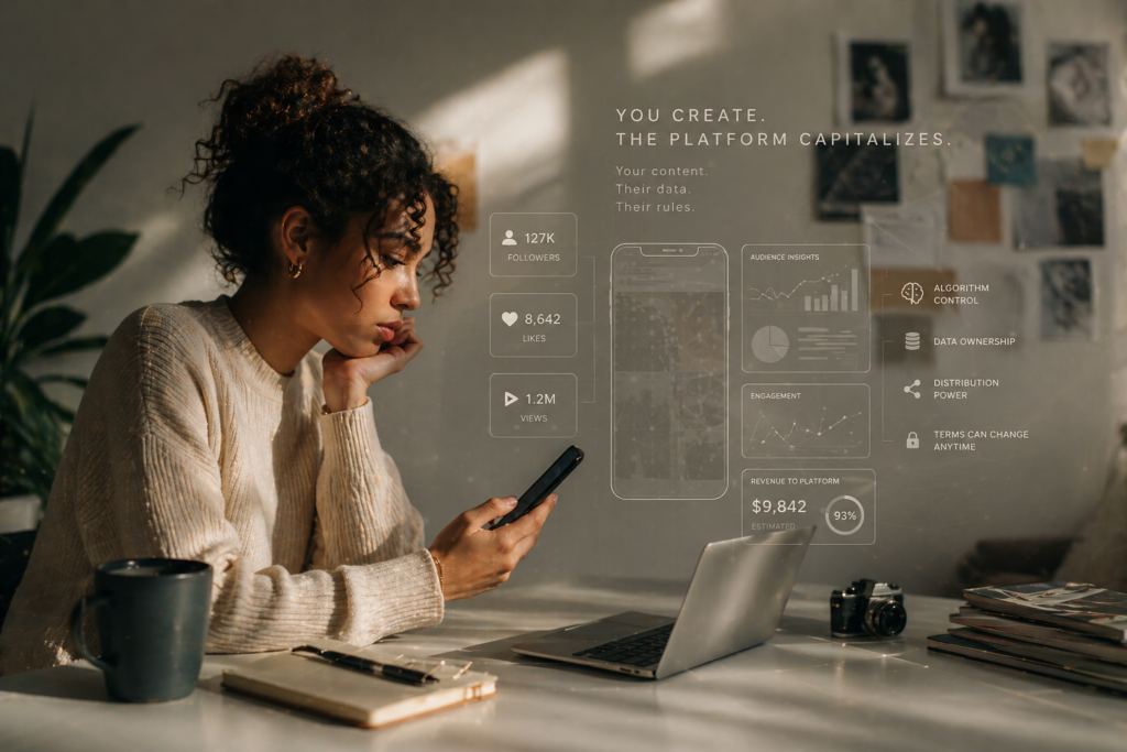 Woman sitting at a desk looking at her phone with digital analytics overlays showing followers, views, and platform-controlled data