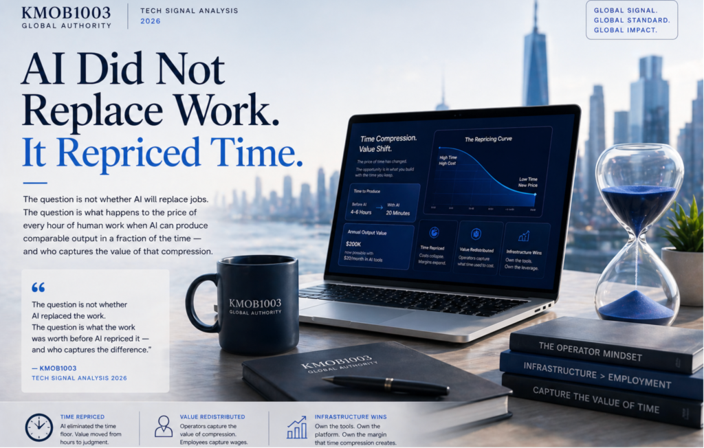 Luxury modern workspace with laptop displaying AI analytics, hourglass symbolizing time compression, and city skyline representing economic shift in the AI era.