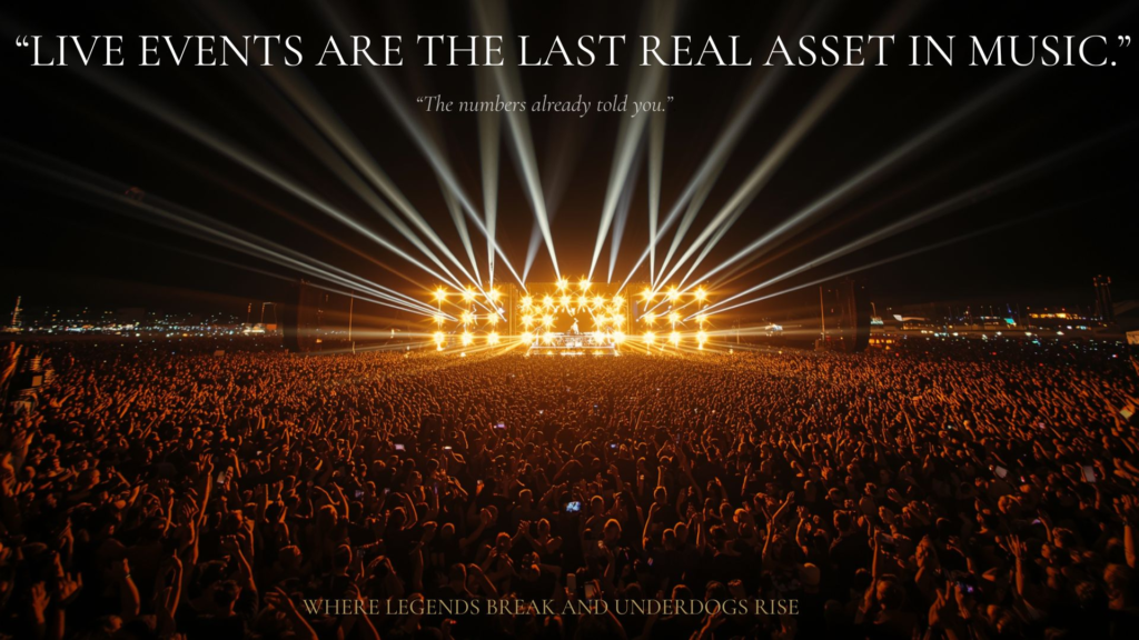 Live music concert stage — KMOB1003 Global Media cultural intelligence report on live events as a music industry asset class 2026