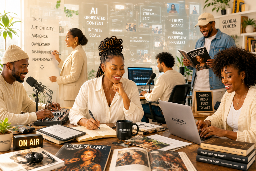 A warm editorial scene featuring diverse creators, writers, broadcasters, and cultural operators working across radio, publishing, and digital media spaces as AI-generated content flows through layered translucent screens in the background. The image emphasizes trust, human perspective, editorial authority, and owned media infrastructure in the modern creator economy.
