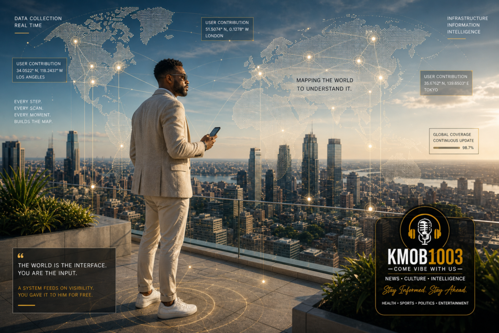 A person walking through a modern city using a smartphone while subtle digital mapping grids and data nodes overlay the environment, representing invisible geospatial data collection.