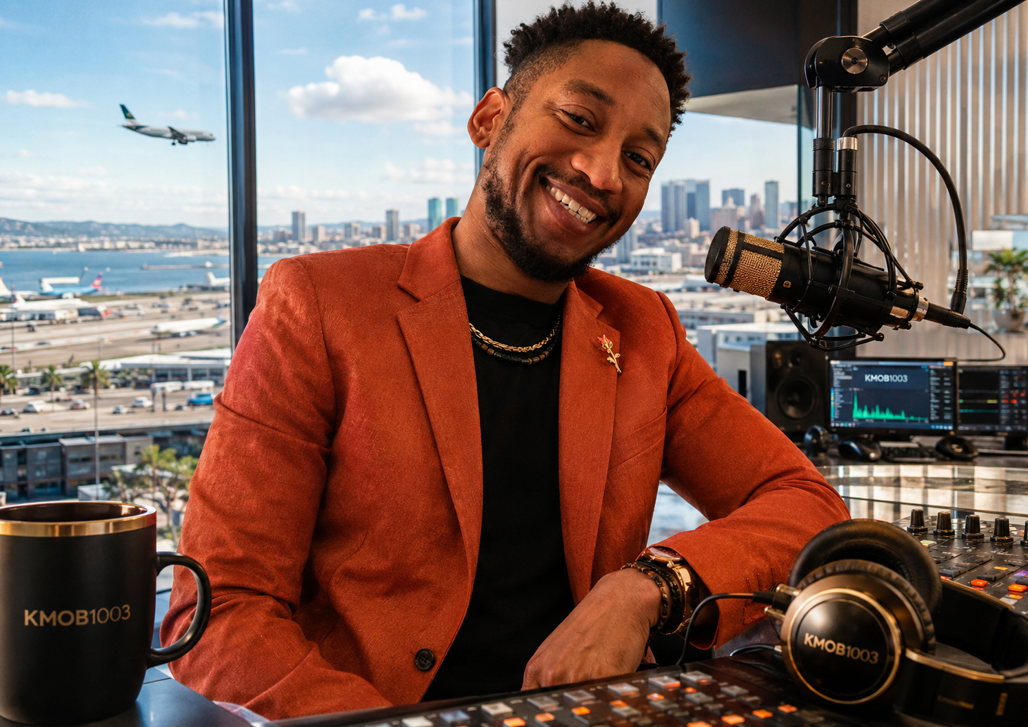 DJ Capital G in a KMOB1003 broadcast studio with branded headphones and coffee cup, overlooking the San Diego airport area and downtown skyline for the Friday AM Signal Log.