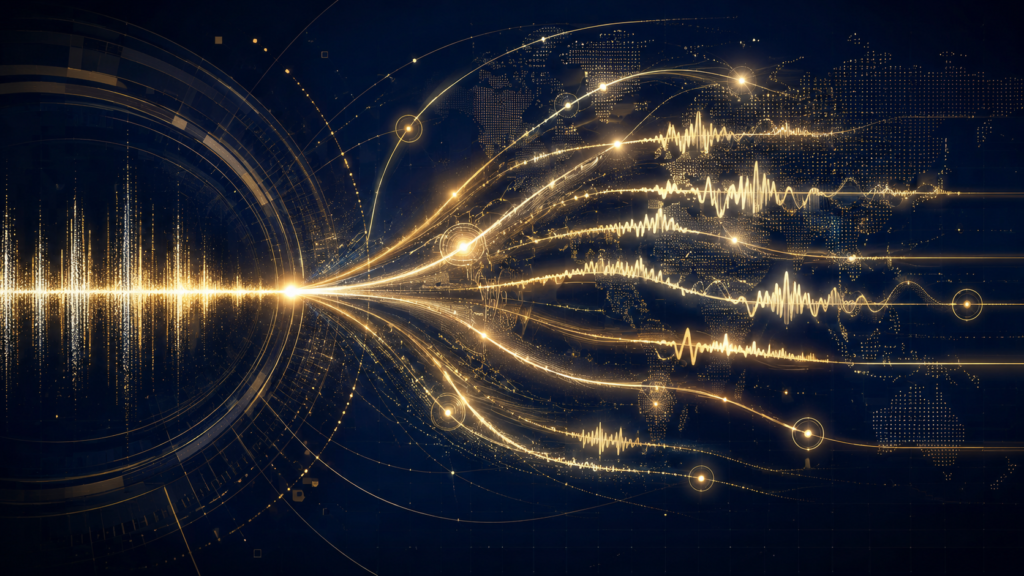 Abstract gold audio waveforms branching across a deep navy global network map, representing Spotify's AI generation layer and platform-controlled music creation.