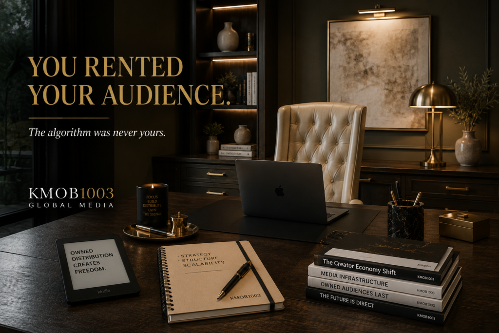 Luxury editorial office workspace featuring a dark executive desk, laptop, Kindle, branded strategy notebook, black-and-gold books, and warm ambient lighting with the headline “You Rented Your Audience” for KMOB1003 Global Media.
