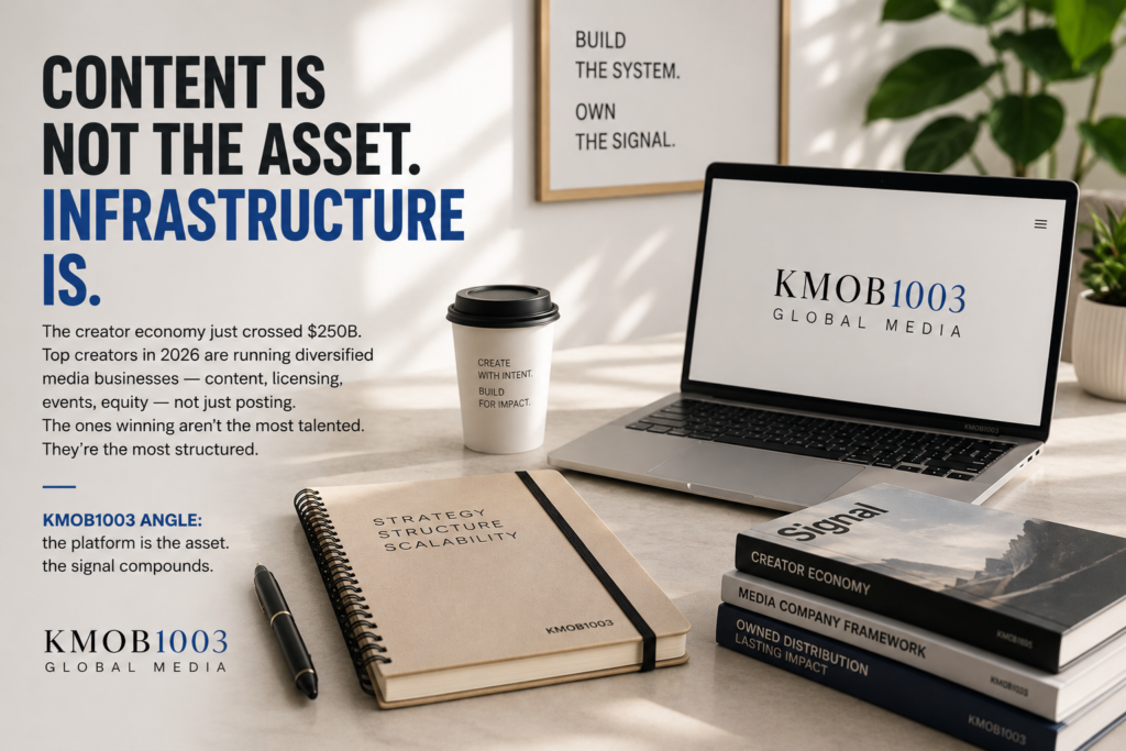 Modern editorial workspace with laptop, notebook, and structured content system representing infrastructure over content in the creator economy