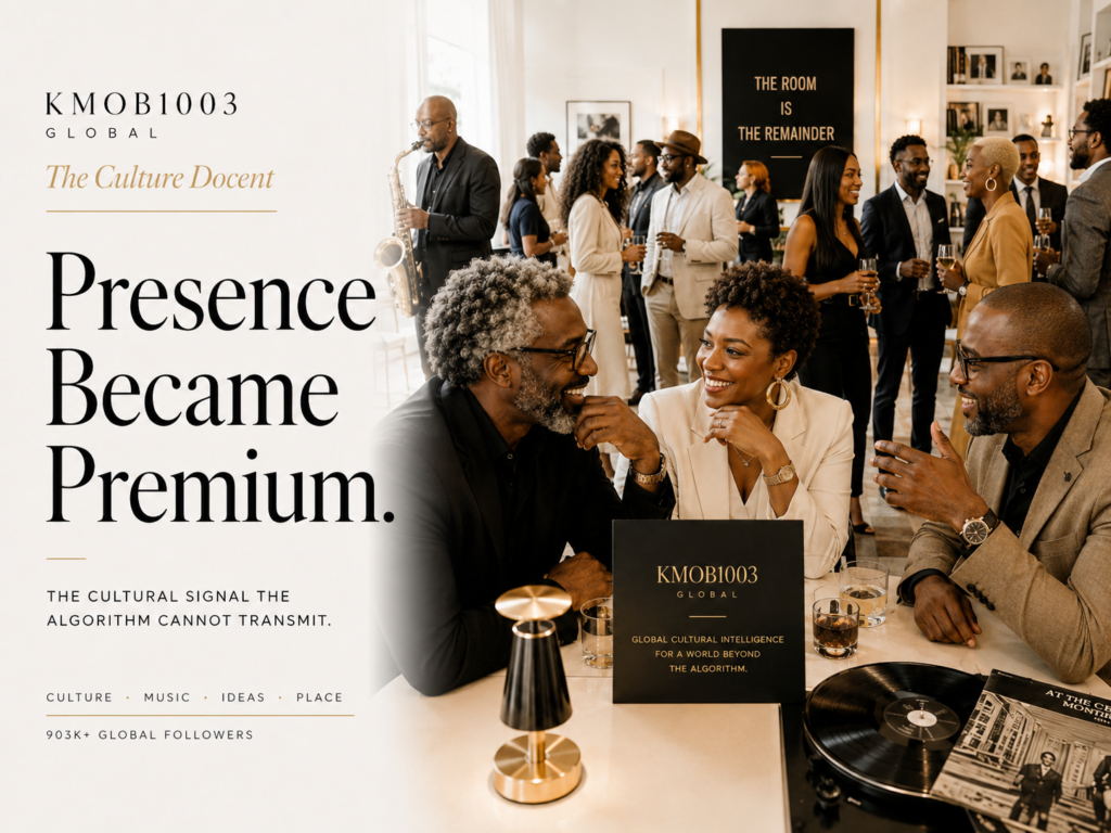 A luxury KMOB1003 Global editorial event scene showing Black cultural operators and global guests socializing in a bright live-room setting with a saxophonist, vinyl records, Champagne Gold accents, and the headline “Presence Became Premium.”