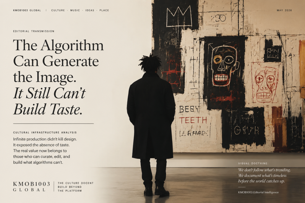 Editorial KMOB1003 Global feature image showing a solitary figure standing before a Basquiat-inspired artwork inside a minimalist gallery space, contrasted with refined editorial typography discussing AI, taste, and cultural intelligence.