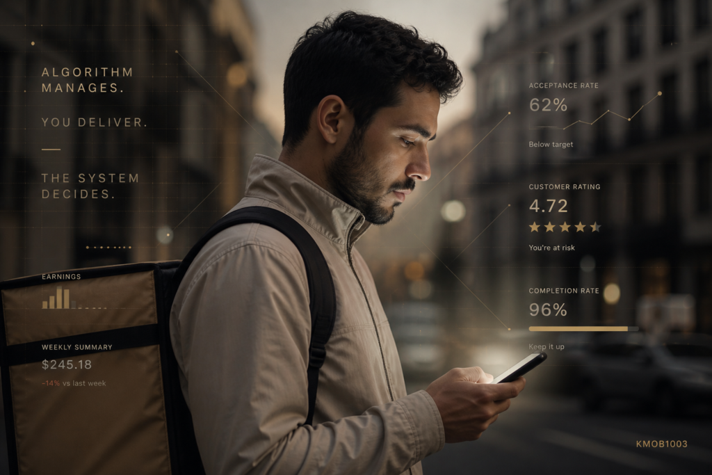 Delivery worker checking smartphone while algorithmic performance metrics and data overlays represent platform-based management and gig economy control systems