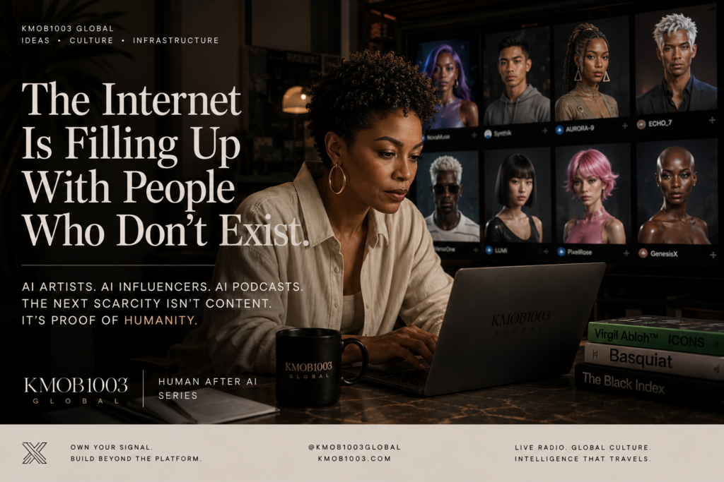 Editorial-style featured image showing a Black woman operator working at a laptop while viewing a wall of diverse AI-generated personalities and synthetic influencers on digital screens. Luxury KMOB1003 Human After AI visual exploring trust, AI influencers, and human authenticity in 2026.