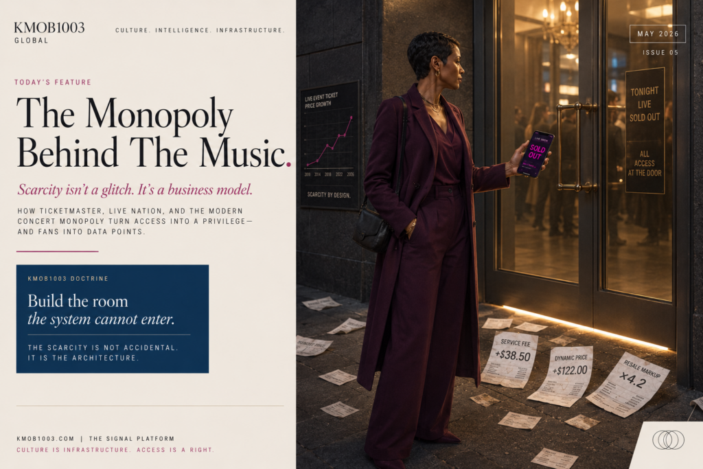 A Black woman with a short pixie cut stands outside a closed venue door at night holding a phone displaying SOLD OUT in magenta, while warm champagne light glows from inside and ticket fee receipts scatter across the street around her.