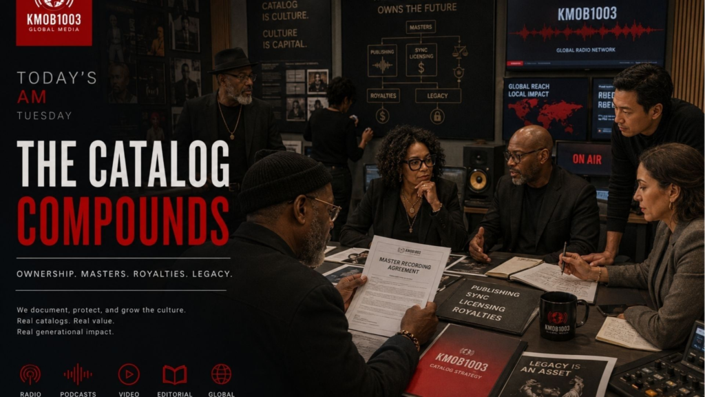 KMOB1003 Global Media featured image showing a diverse team of cultural operators in a radio and media strategy room discussing music catalog ownership, masters, royalties, and legacy, with editorial text reading “Today’s AM Tuesday: The Catalog Compounds.”