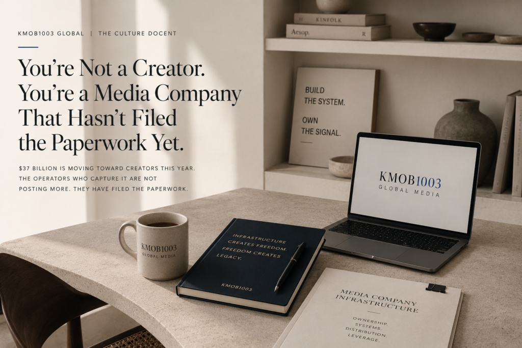 Editorial KMOB1003 Global Media workspace featuring strategy notes, media infrastructure planning documents, branded laptop, notebooks, and operational systems focused on creator economy ownership and digital media infrastructure.