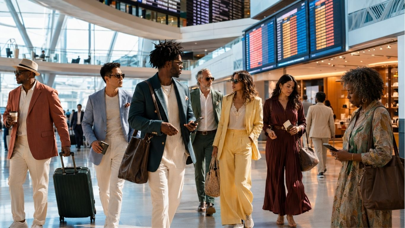 A luminous KMOB1003 Global editorial scene showing stylish media operators and global travelers moving through a premium airport terminal beneath colorful destination boards, representing culture shifting from digital feeds into real-world live experiences.