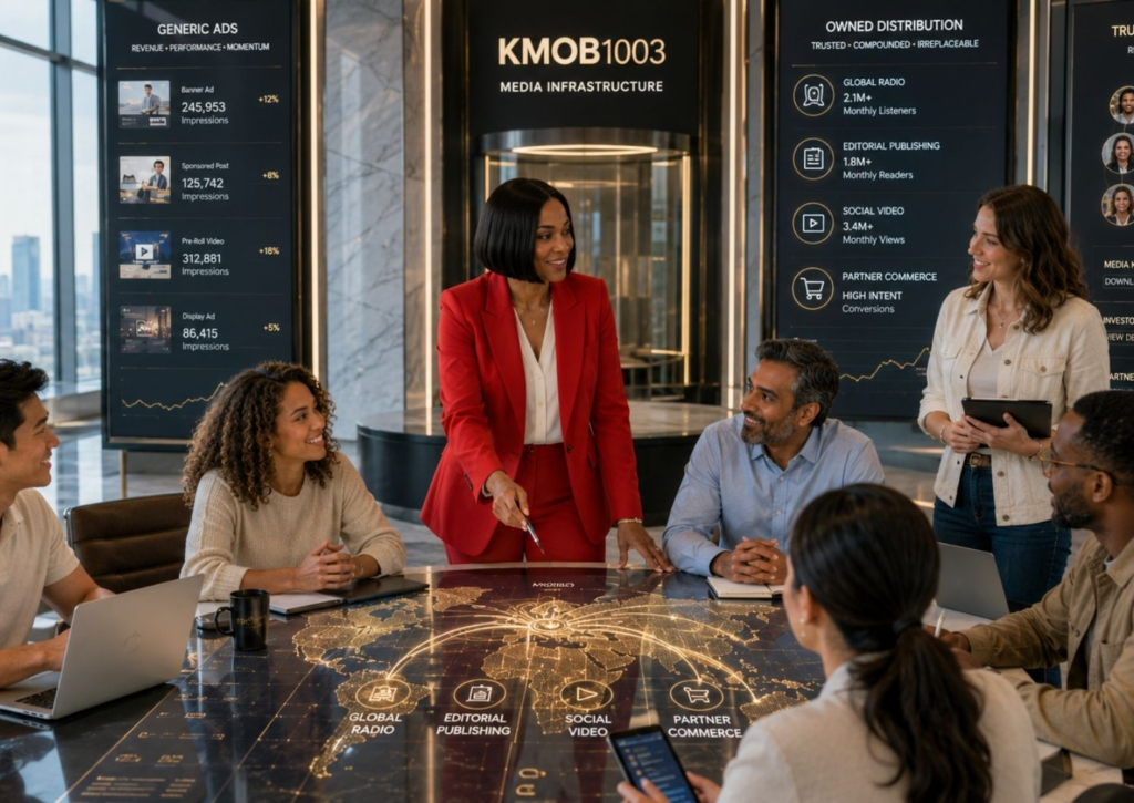 A KMOB1003 media strategy team reviews owned distribution pathways, brand partner signals, and audience infrastructure in a premium command-room setting.