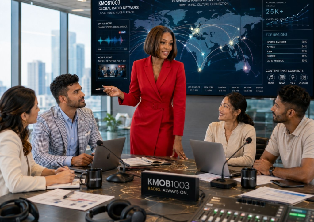 KMOB1003 media team reviews global radio infrastructure, audience signal maps, microphones, and branded radio tools in a premium strategy room.