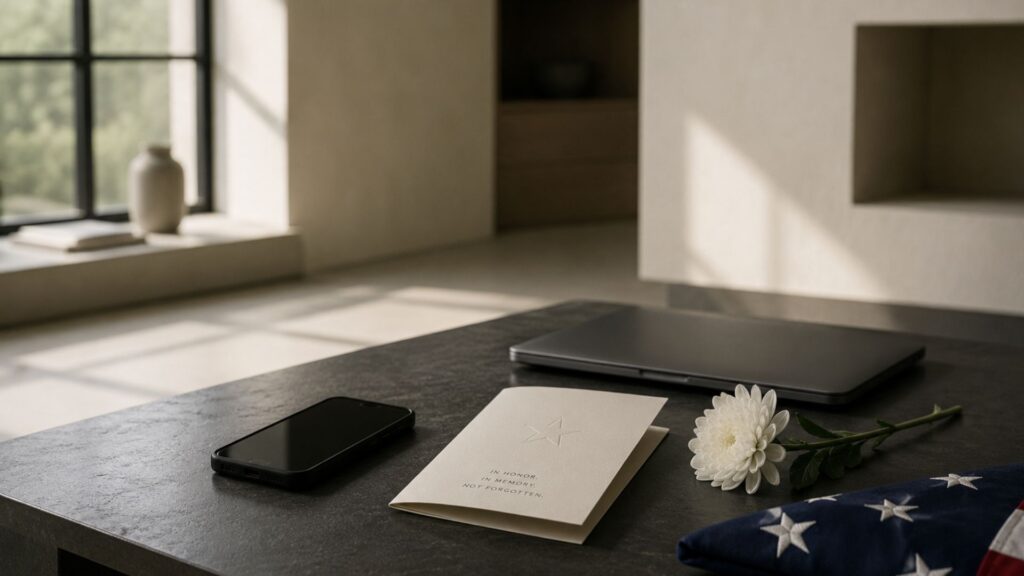 A quiet modern table with a face-down smartphone, closed laptop, white flower, memorial program, and partially visible folded American flag, representing Memorial Day memory after the feed moves on.