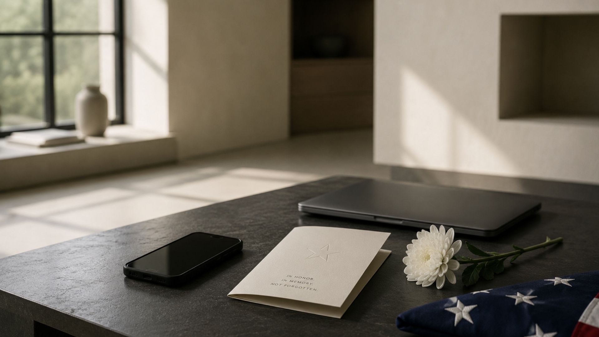 A quiet modern table with a face-down smartphone, closed laptop, white flower, memorial program, and partially visible folded American flag, representing Memorial Day memory after the feed moves on.