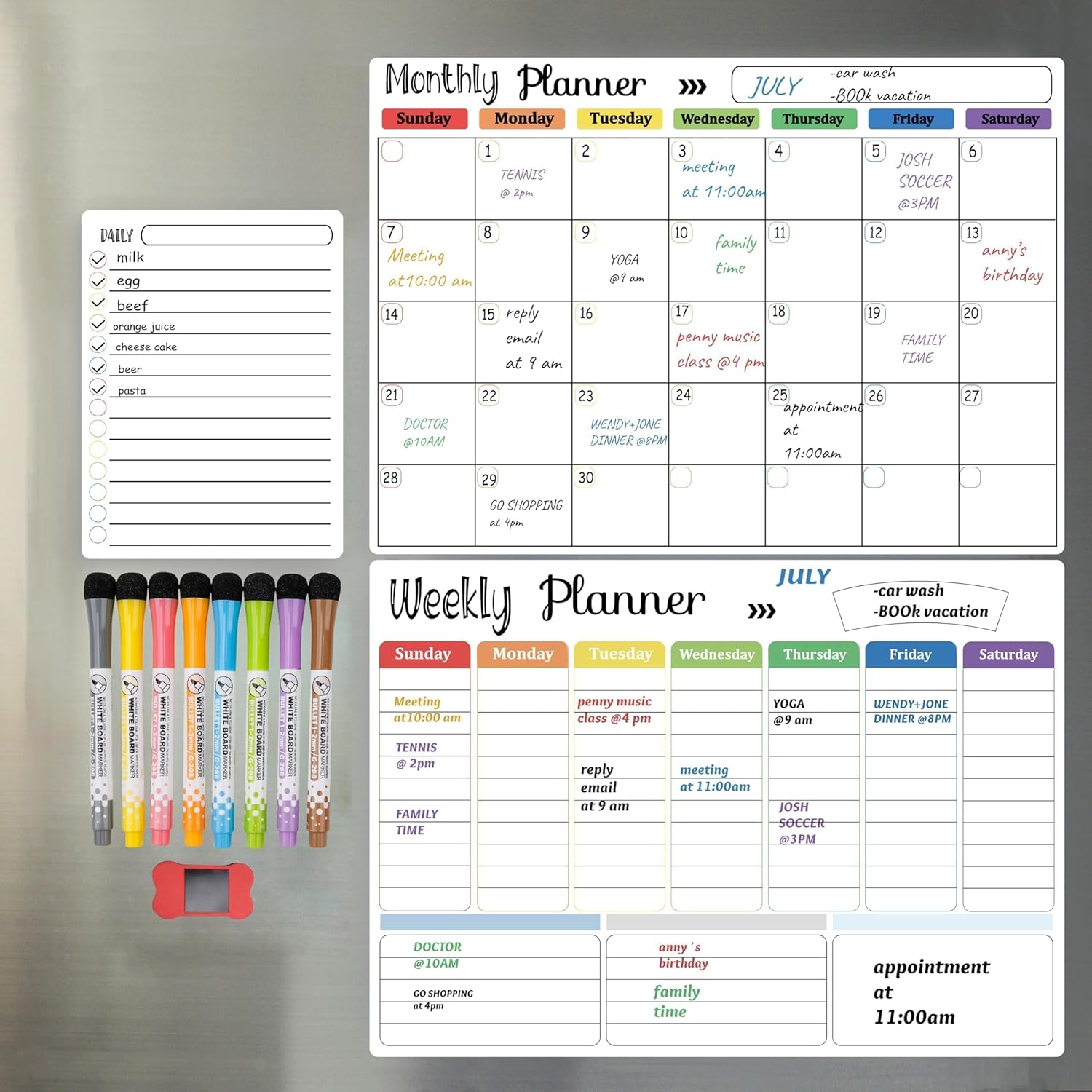 Hivillexun magnetic dry erase calendar whiteboard set with monthly, weekly, and daily planners, markers, and eraser, featured in a KMOB1003 Amazon module about family organization outside the feed.