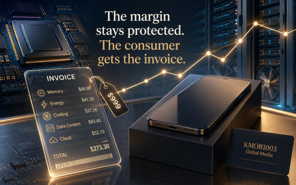 A premium KMOB1003 editorial image shows a sleek smartphone beside a glowing infrastructure invoice, memory chips, server racks, and a rising cost line, illustrating how AI costs move from machine infrastructure to consumer checkout.