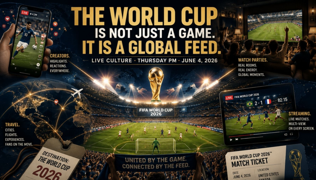 A premium editorial image showing the World Cup as a global media feed, with a match signal moving through phones, travel paths, watch parties, creator clips, and live rooms.