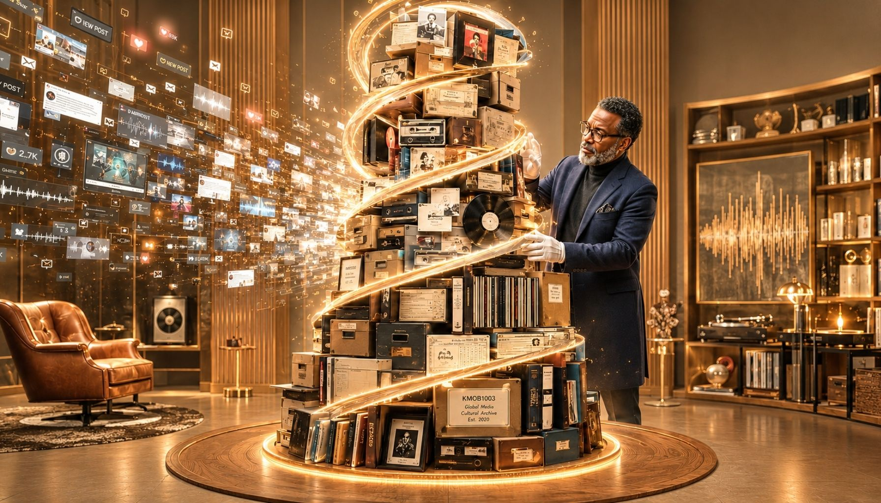 A luminous KMOB1003 cultural archive where digital feed fragments transform into records, books, tapes, archival boxes, and preserved cultural artifacts around a glowing archive tower guided by a Black archivist.