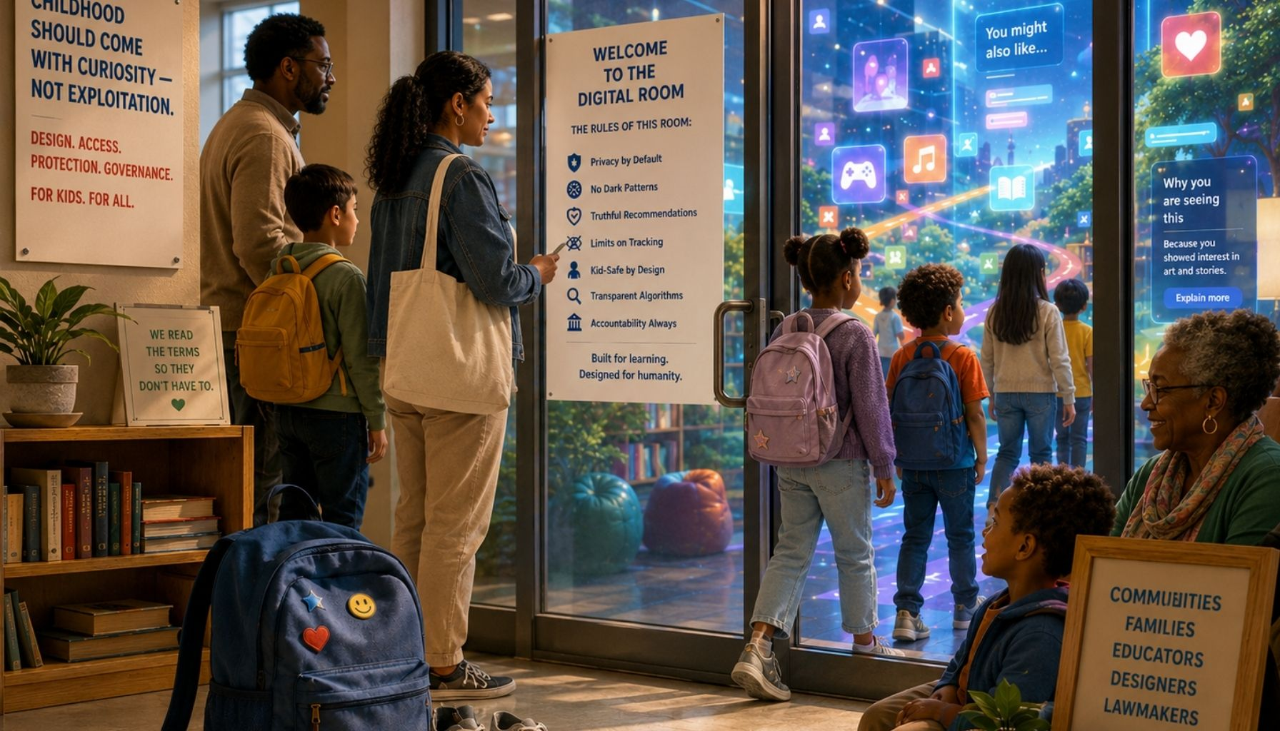 A luminous school-library-family threshold — a child's backpack, sneakers, book, pencil case, and tablet in the foreground, and behind a glass doorway a colorful digital room made of app-like lights, soft icons, and scrolling shapes, with adults present and finally paying attention to the terms of the room.