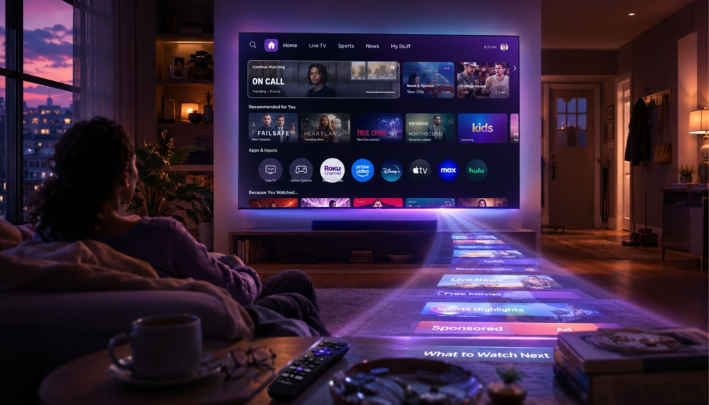 A luminous living room threshold seen from behind a television screen — remote control, streaming interface glow, Fox and Roku identity suggested through warm light and signal presence, showing the first screen as the contested doorway to the viewer's attention.