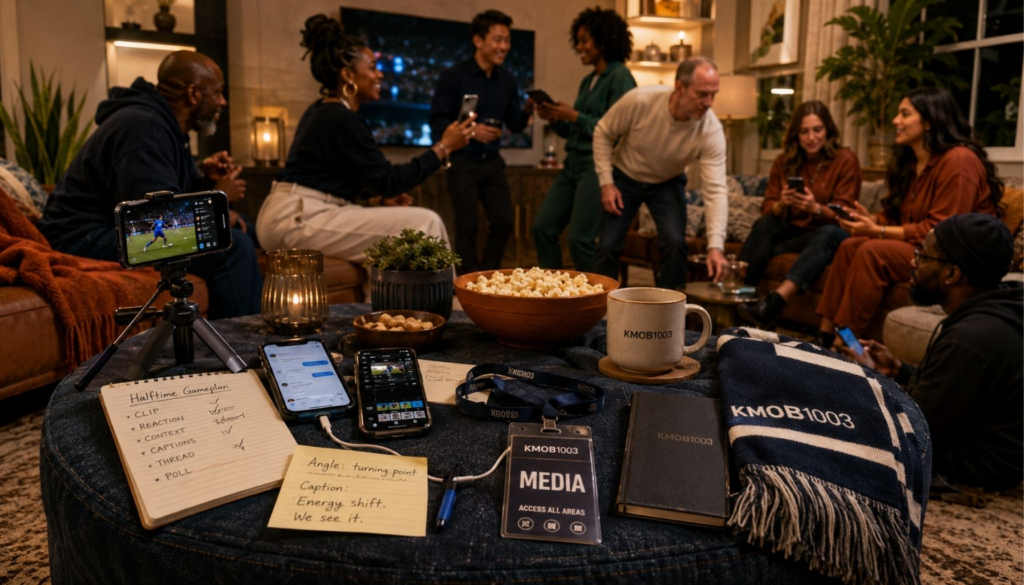 A warm KMOB1003 second-screen creator prep scene with phones, snacks, clip notes, a scarf, and branded objects arranged before halftime during a global match.