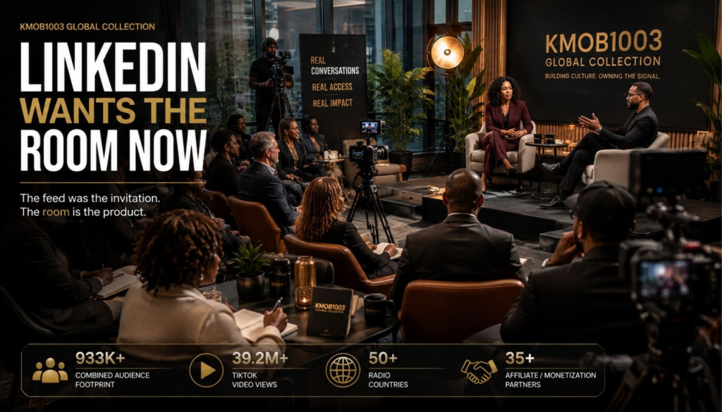 A premium live professional event space with cameras, microphones, audience seating, and a diverse group of professionals preparing for a creator-led business conversation.