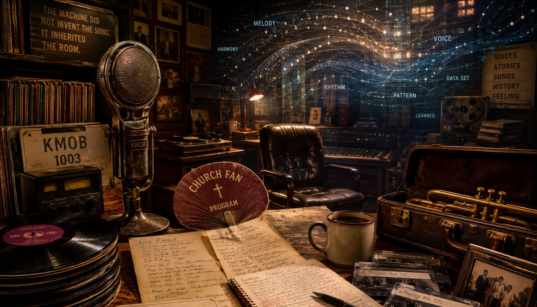 A luminous archive and studio hybrid — vinyl records, handwritten lyric sheets, a church fan, a radio microphone, a worn studio chair, cassette tapes, a brass instrument case, a family photo edge, a coffee cup, a marked-up notebook, and a subtle KMOB1003 archive card in the foreground. In the background, a soft translucent machine-like scanning glow tries to interpret the room, but the human objects remain dominant.