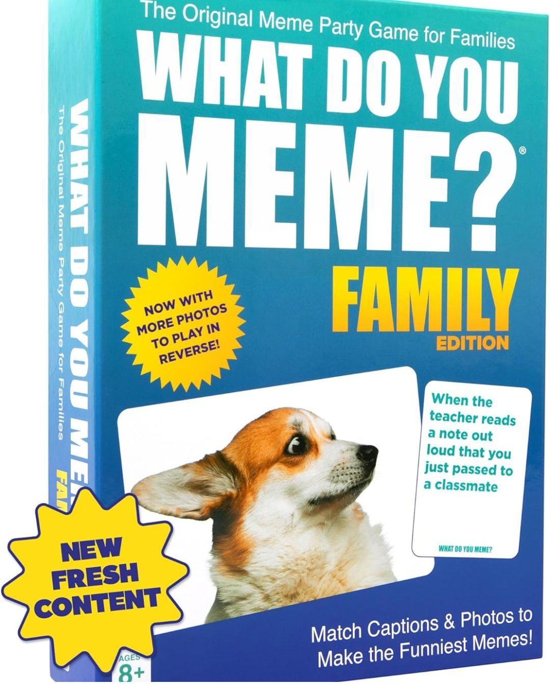 WHAT DO YOU MEME? Family Edition game box with caption cards and photo cards for family game night, featured in a KMOB1003 Amazon module about moving childhood culture outside the feed.