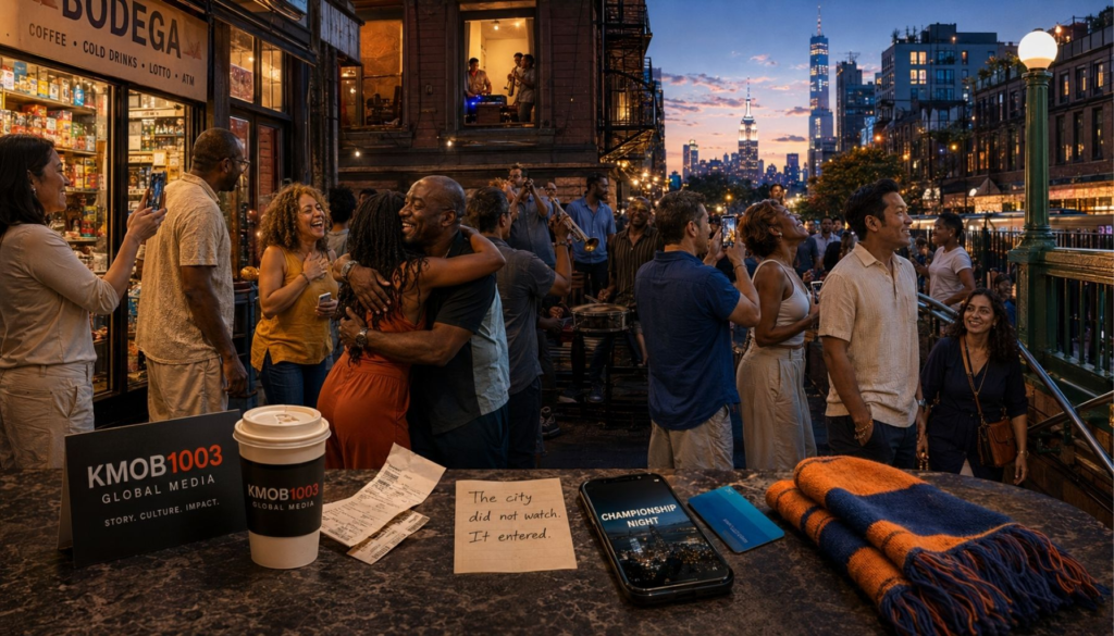 A luminous New York city threshold at night — orange-and-blue light across a street corner, bodega window, subway glow, phones lighting faces, ticket stubs, receipts, people moving through the city with purpose and joy after the Knicks championship.