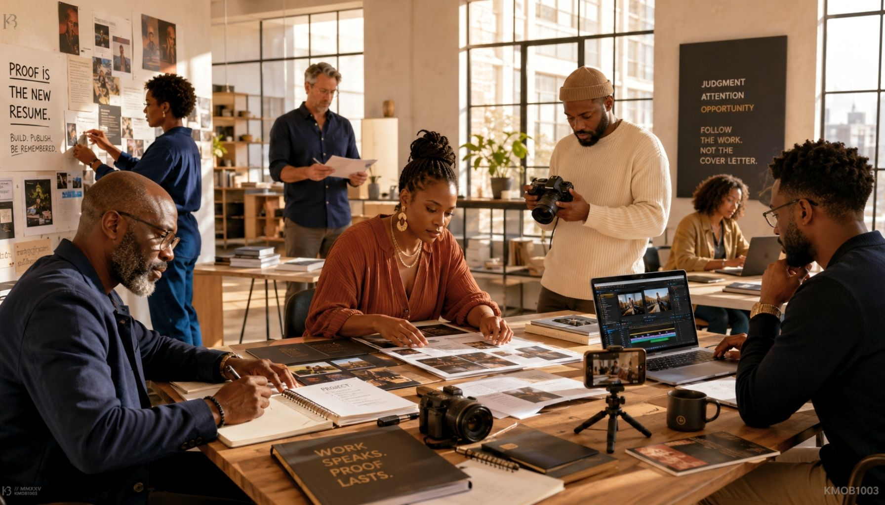 A luminous creator workroom with diverse professionals building portfolios, editing video clips, organizing notebooks, and arranging proof materials around laptops and cameras.
