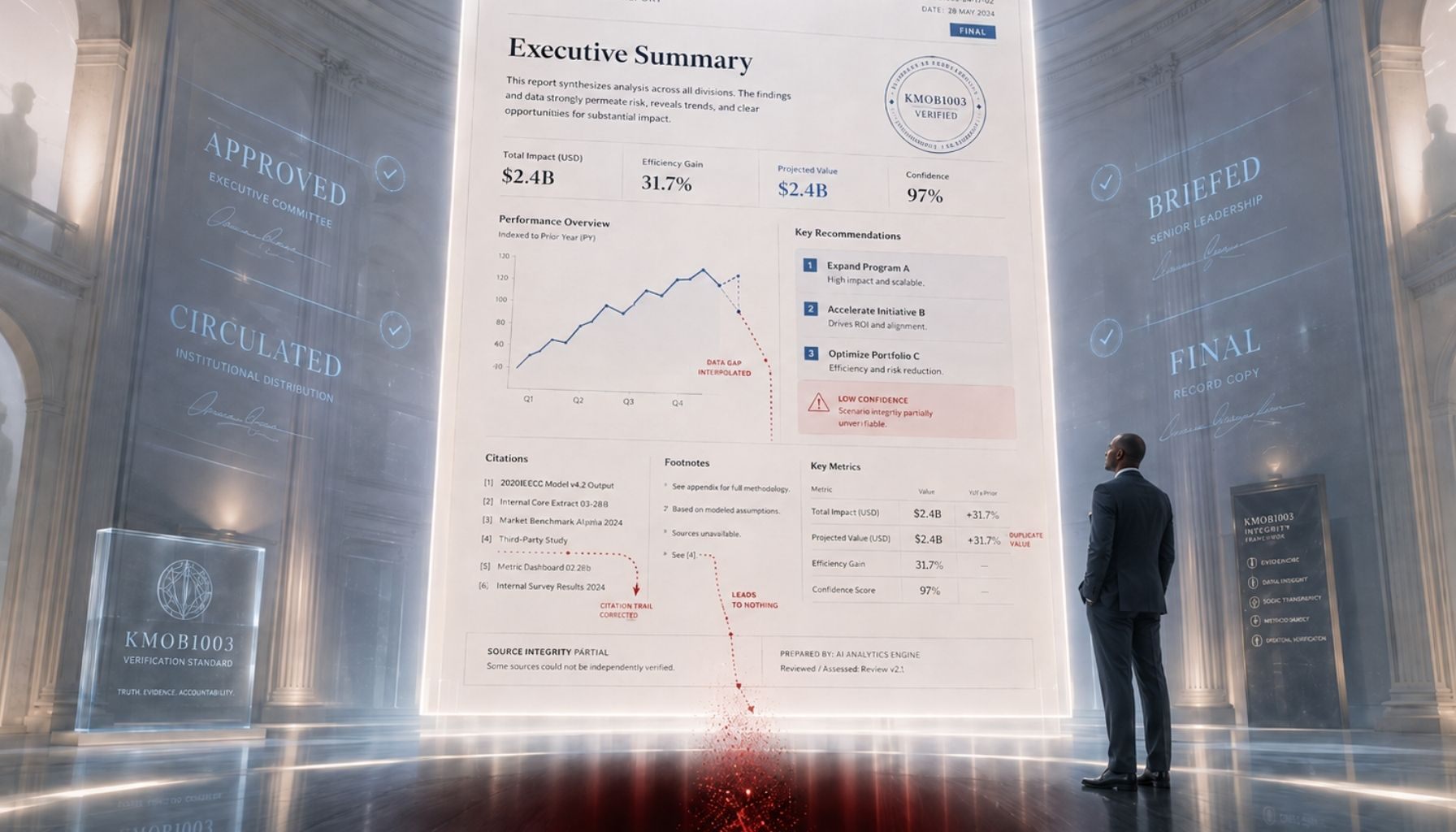 A luminous institutional hall where a massive AI-generated executive report is elevated like an official object of authority, surrounded by glowing approval language such as approved, circulated, briefed, and final. A Black male executive in his 50s stands below the report, studying it as red hallucination trails expose broken citations, duplicated values, unreliable source paths, and data gaps inside the polished document.