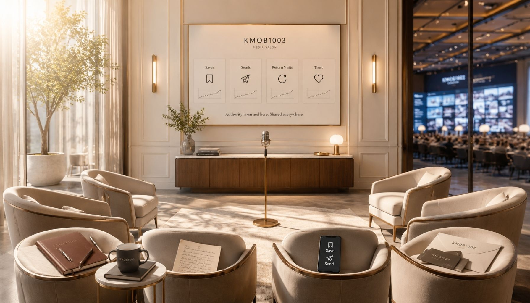 A premium KMOB1003 editorial image of an intimate high-trust media salon with empty chairs, a single microphone, save and send signals, trust behavior metrics, and a blurred larger room in the background — the room feels valuable because of the quality of attention inside it, not its size.