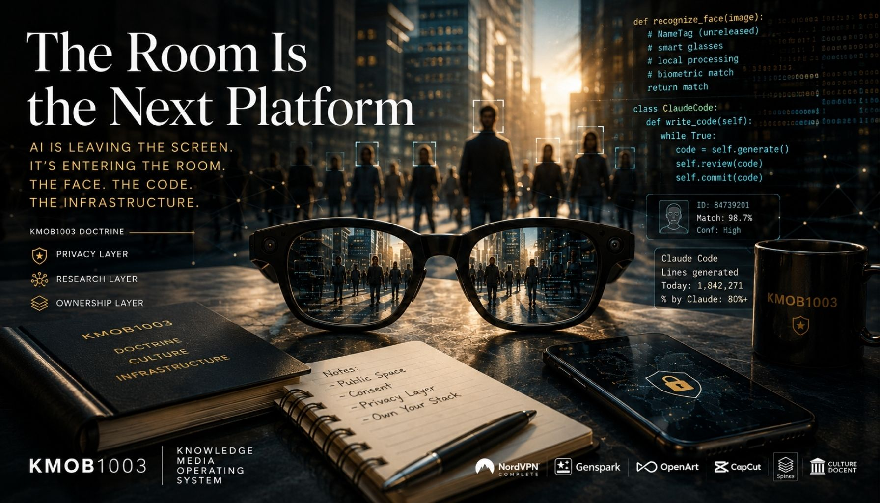 A premium editorial image of a bright public interior where smart glasses, a phone, reflected faces, code fragments, and soft privacy-grid lines show AI moving from screen into the room.