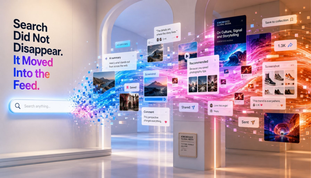 A luminous KMOB1003 editorial workspace where search is no longer a single box — floating feed cards, thumbnails, captions, saved posts, AI answer fragments, and screenshot tiles move across the room like a living search network in electric blue, cyan, streaming pink, and signal orange.