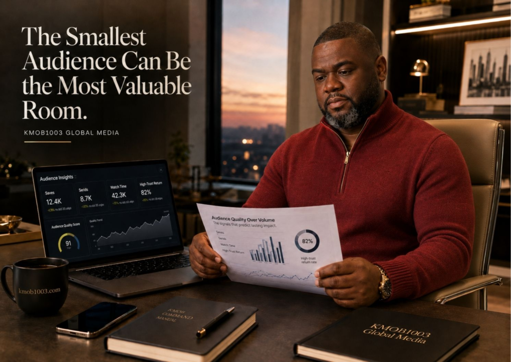 A Black man studies audience analytics in a refined evening workspace with a laptop, printed reports, notebook, phone, and KMOB1003-branded cup.