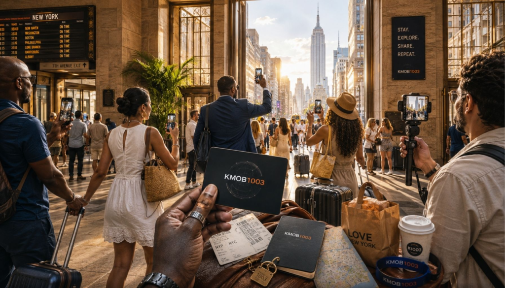Diverse global visitors moving through a luminous city arrival corridor — phones raised, rolling bags, ticket stubs, hotel key cards, and KMOB1003 media details — showing visitors as moving media channels carrying the city's signal outward.