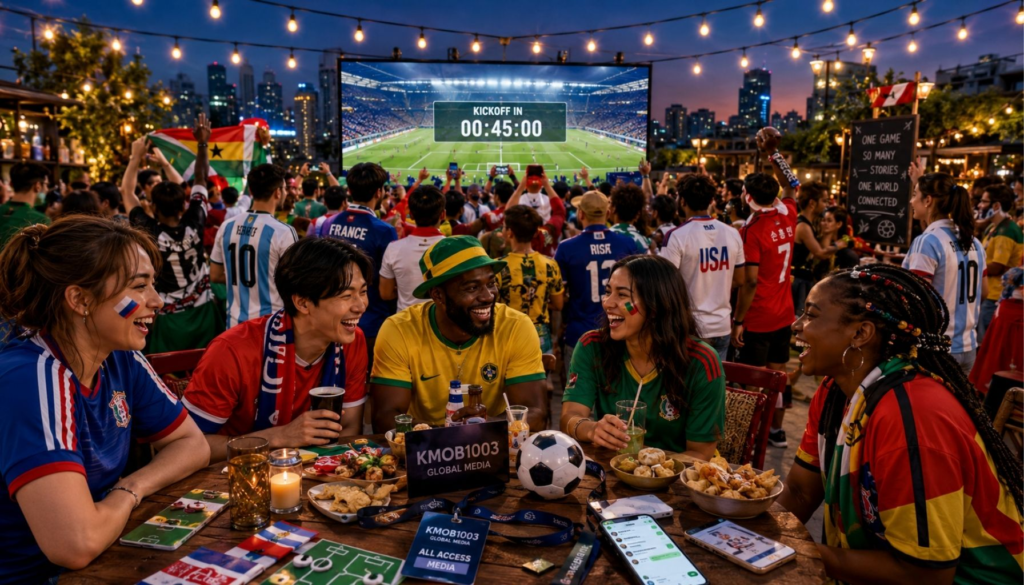 A lively global World Cup watch party on a rooftop at night, with fans in country-colored jerseys and scarves gathered around food, phones, and a big screen, showing the cultural energy and media anticipation before kickoff.