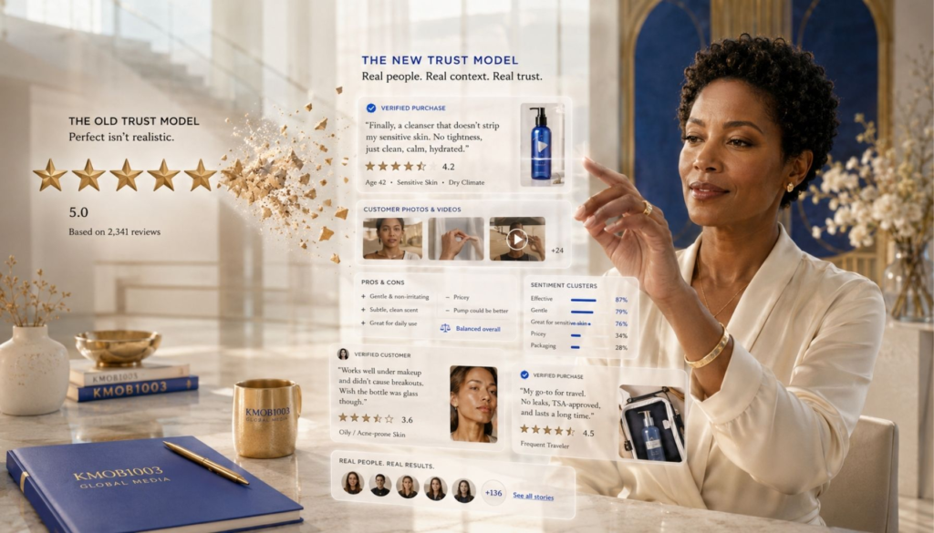 Black woman reviewing transparent trust signals, verified purchase cards, customer proof, and fading five-star ratings for a KMOB1003 article on reviews, social proof, and digital trust.