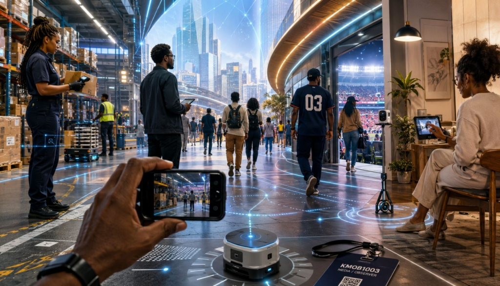 A cinematic KMOB1003 editorial image showing people, workers, sensors, a stadium, a warehouse, and a home environment becoming a physical AI training ground.