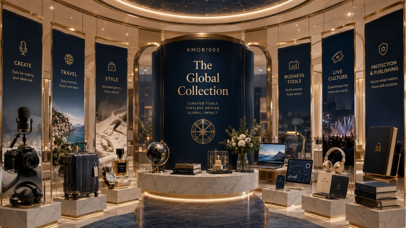 A luxurious KMOB1003 Global Collection showroom featuring curated displays for creator tools, travel, style, business resources, live culture, protection, and publishing.